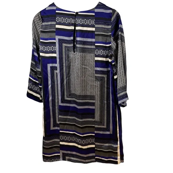 H&M Blue Geometric Scarf Print Shift Dress 3/4 Sleeve Keyhole Back Size 6 #185 - Picture 2 of 5
